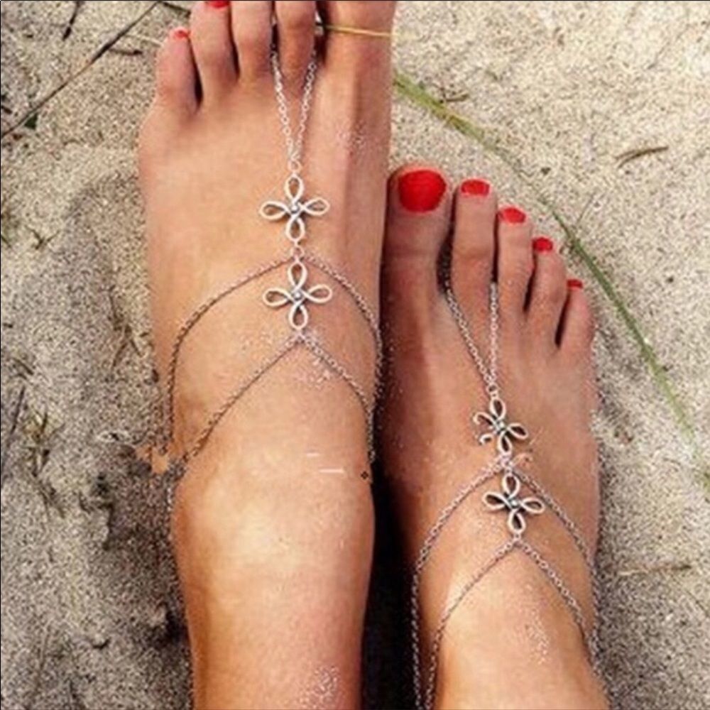 Silver Barefoot Boho Toe Loop Adjustable Ankle Anklets Set NEW